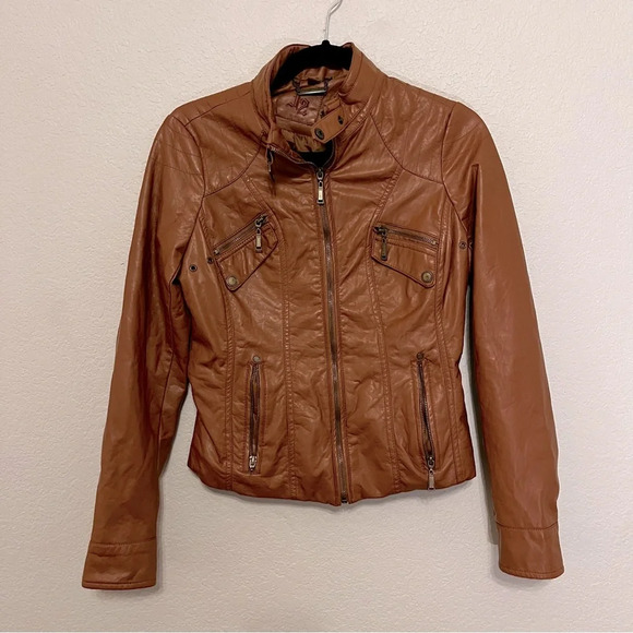 J2 faux leather camel brown jacket juniors size medium moto style - Picture 1 of 16